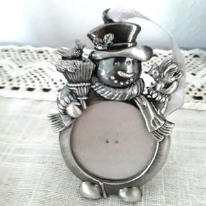 Metal Pewter-Like Snowman Picture Frame Ornament